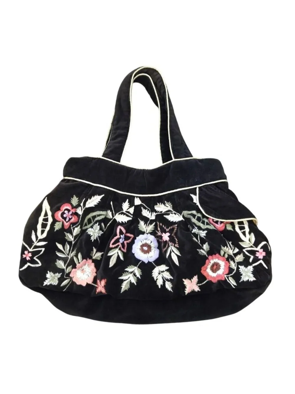 Vintage Black Velvet Floral Embroidered Tote Bag Boho Slouchy Shoulder Purse